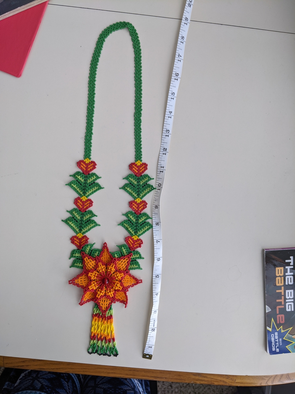 Handmade Beaded Floral Necklace in Green, Red & Yellow